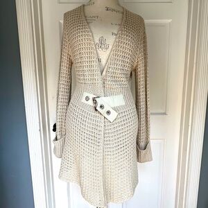 Savida open knit stitch long cardigan or duster size small. Waist buckle